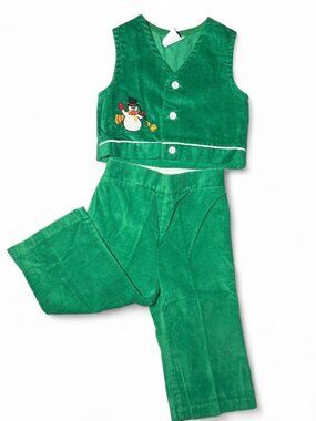 VTG Sears Baby Green Corduroy Christmas Vest Pants Set Snowman Holiday 12-18M
